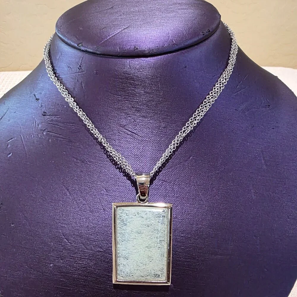 Vintage Transluscent Rectangle Silver Frame Triple Chain Necklace Near Mint